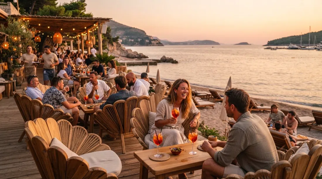 Coral Beach Club en la playa de Cava a la hora dorada, asientos en primera línea de playa en forma de concha, cócteles y el mar iluminado cálidamente detrás