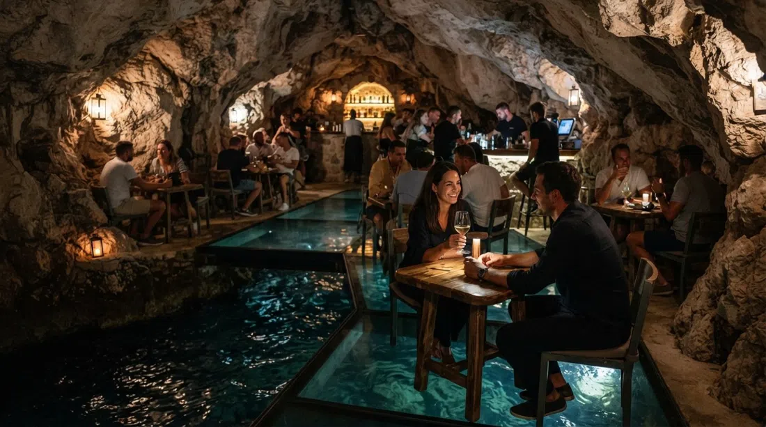 Cave Bar More dentro de una cueva marina natural en el Hotel More, iluminación tenue, suelo de cristal sobre el agua y paredes de roca reflejando la luz