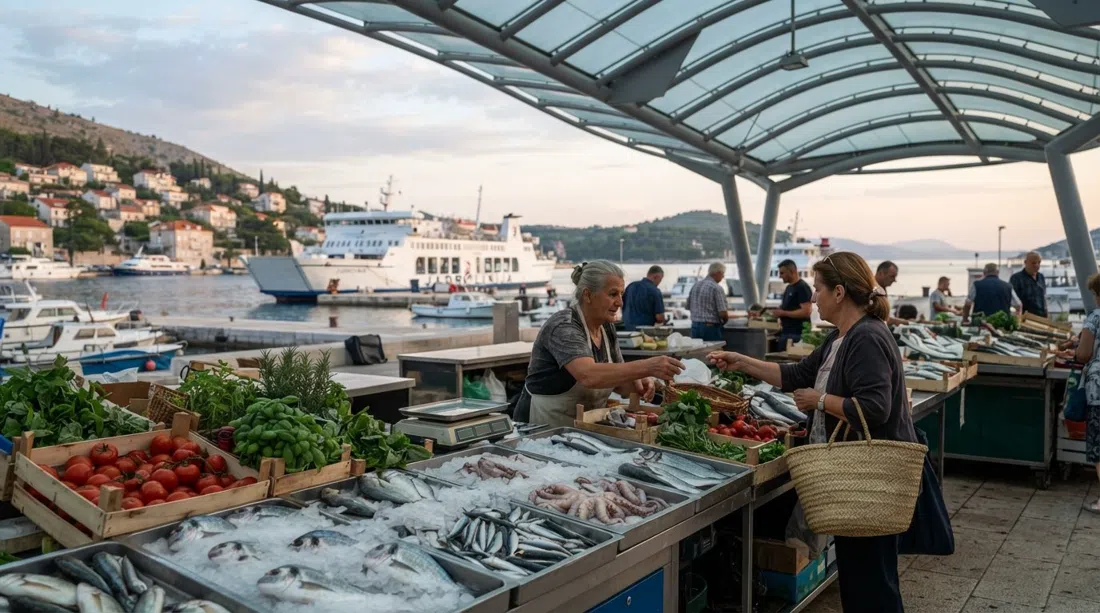 Mercado de Gruž bajo su marquesina moderna al amanecer, pescado sobre hielo picado junto a cajas de tomates y hierbas, con la bahía y la terminal de ferris al fondo
