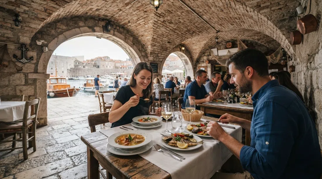 Bistro Glorijet dentro de un antiguo hangar para botes junto al muelle, techo abovedado de ladrillo arriba y platos de sopa de pescado y captura a la parrilla sobre mesas blancas