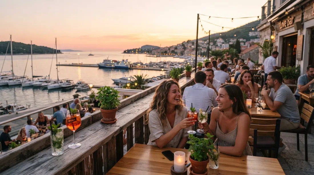 Terraza de Love Bar al atardecer, macetas de menta alrededor de las mesas, cócteles en la barandilla y la luz del puerto volviéndose dorada sobre la bahía de Gruž