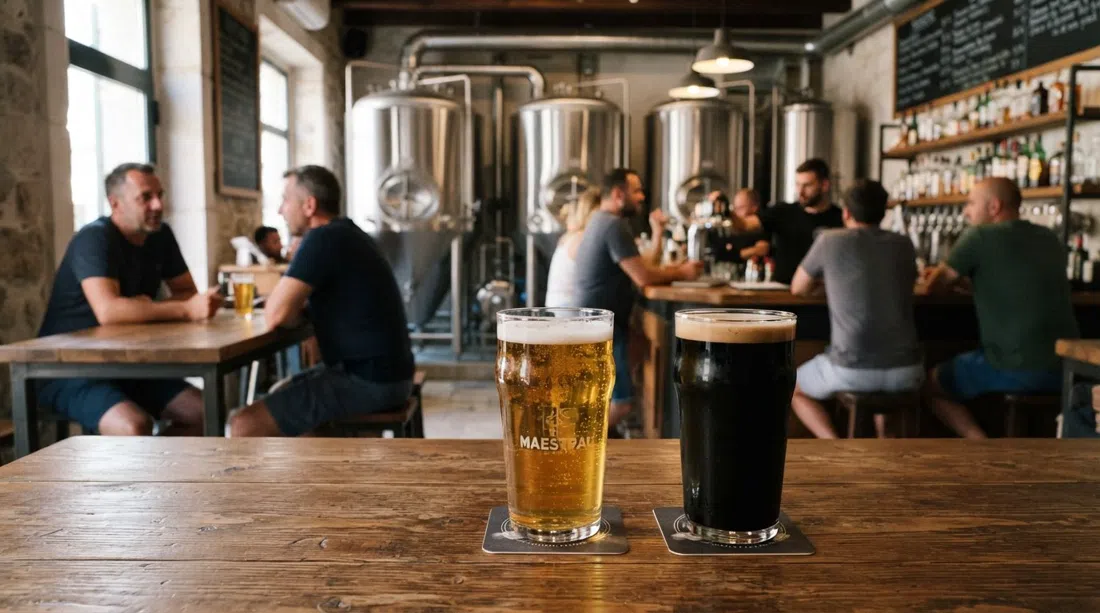 Interior de la sala de degustación de Dubrovnik Beer Company junto a la terminal de cruceros, tanques de acero inoxidable detrás de la barra y pintas de lager Maestral y milk stout Grego sobre la mesa