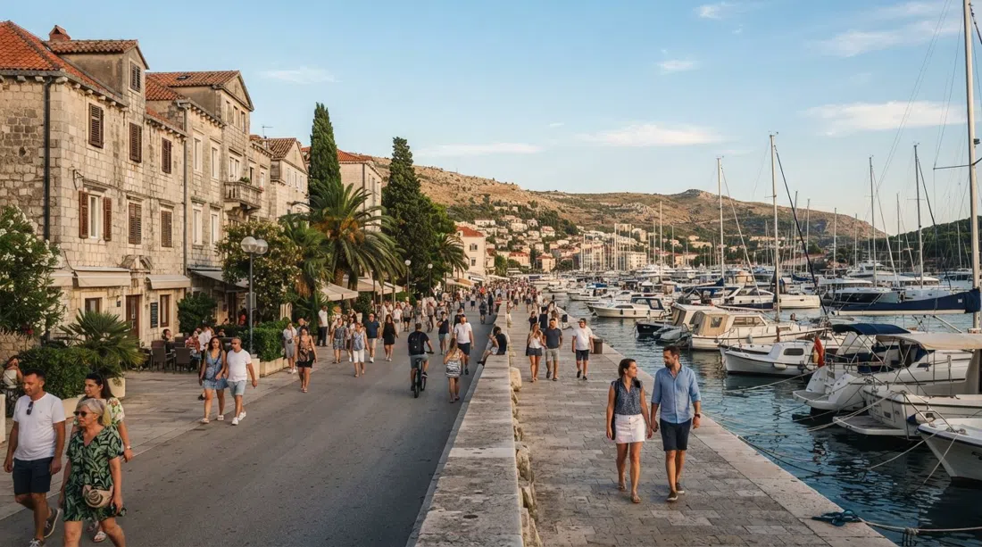 Paseo del puerto de Gruž a última hora de la tarde, antiguas villas a un lado, amarres de yates y aguas abiertas al otro, con la marina ACI al fondo