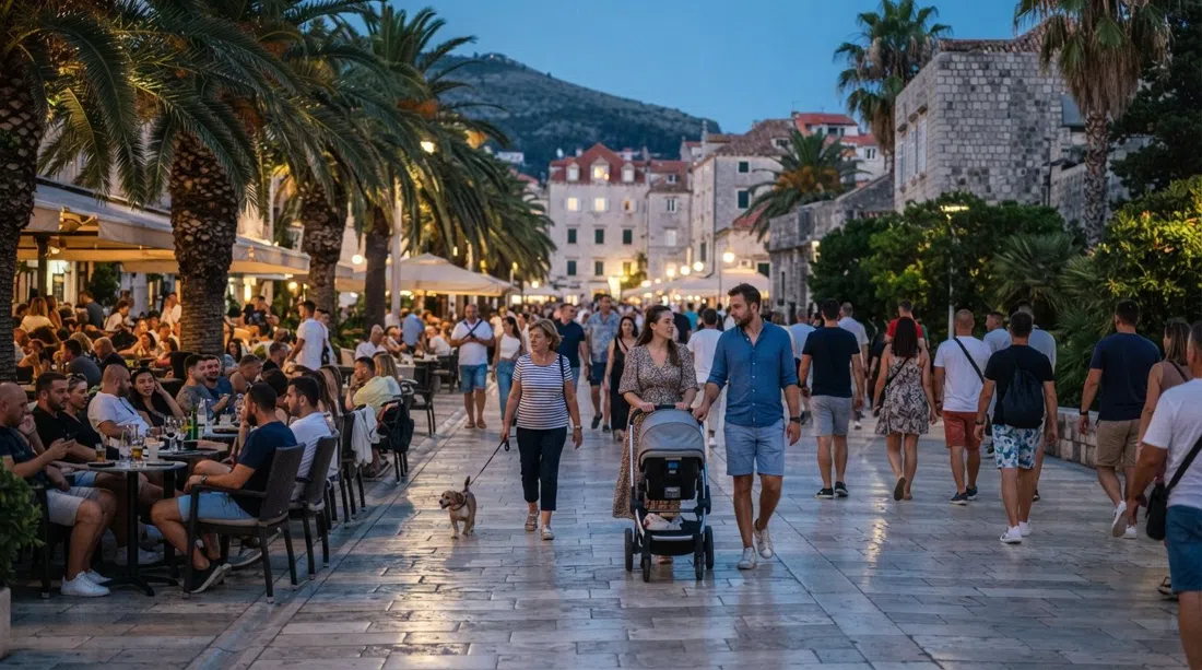 Šetalište kralja Zvonimira al atardecer, palmeras y terrazas de cafés llenándose de familias, carritos y paseadores de perros en la calle peatonal