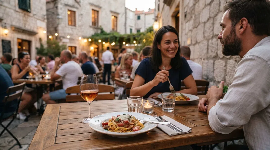 una mesa cálida al atardecer en Pantarul en Ul. Kralja Tomislava, pasta casera y una copa de vino croata en una mesa de bistró dálmata moderno