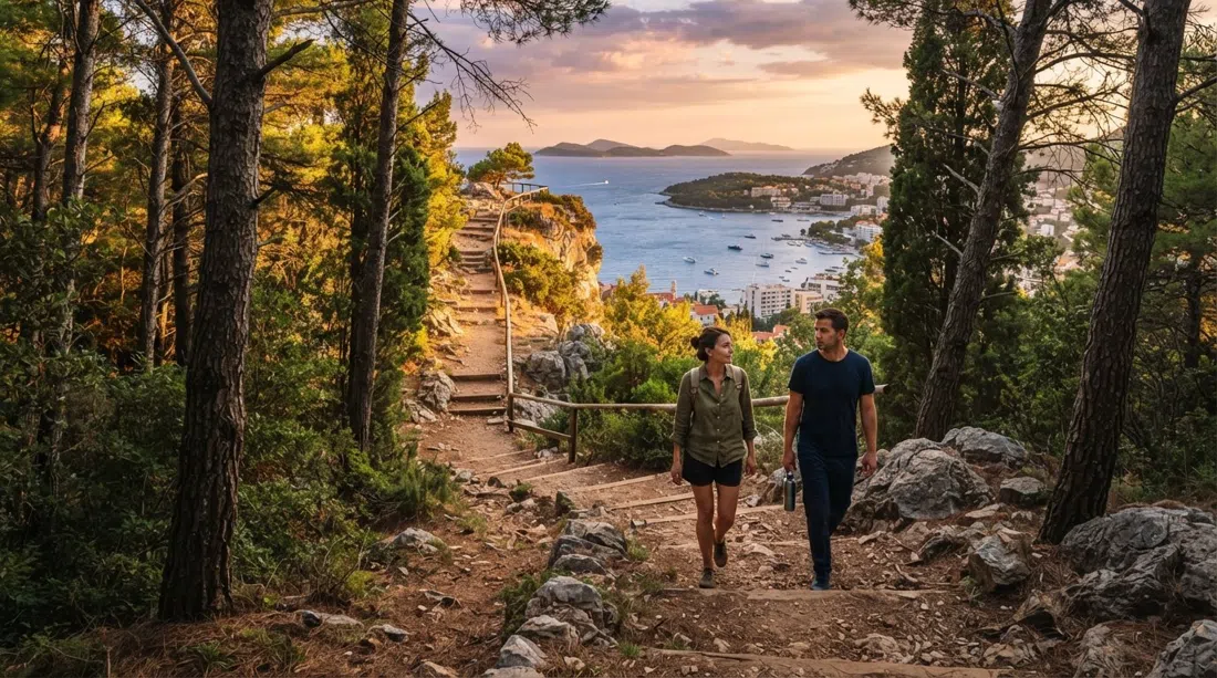 un sendero de pinos en el Parque Forestal Velika i Mala Petka al atardecer, el camino subiendo hacia un mirador en el acantilado sobre la bahía de Lapad