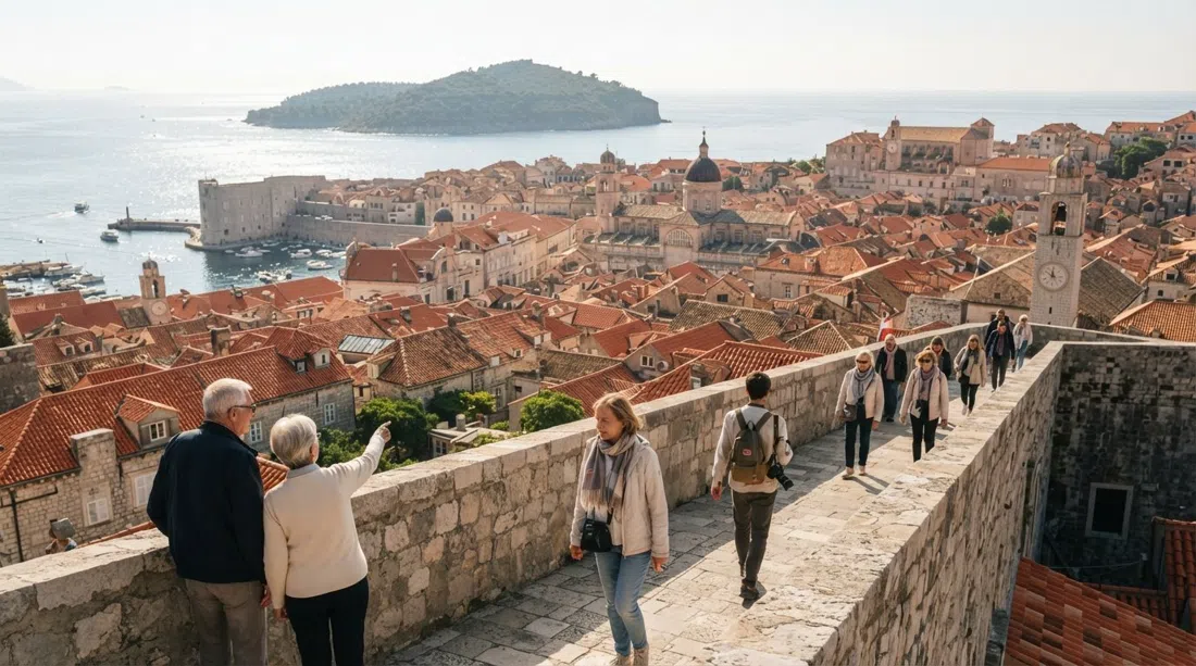 Murallas de Dubrovnik a las 8 de la mañana, tejados de terracota y el Adriático al fondo, tomado desde los parapetos con luz suave matutina