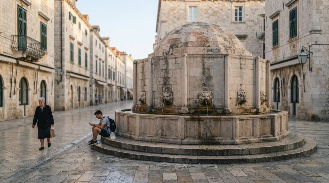 Fuente de Onofrio en el extremo occidental del Stradun, la fuente redonda de piedra enmarcada por la caliza matutina y la calle vacía