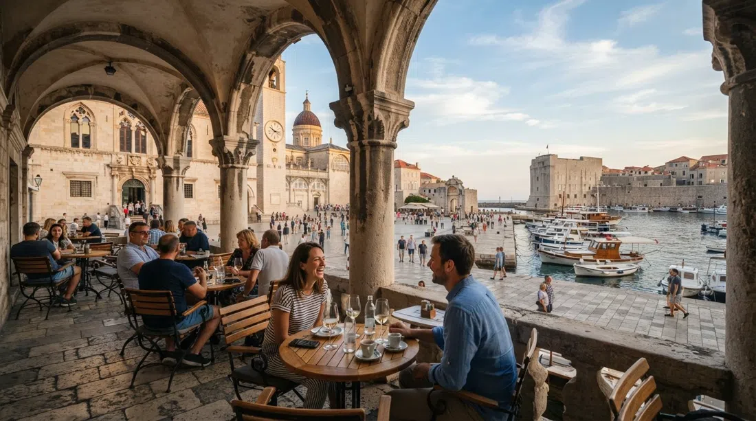 la terraza de Gradska Kavana Arsenal bajo arcos de piedra antigua en la Plaza Luža, con vistas al puerto viejo a última hora de la tarde
