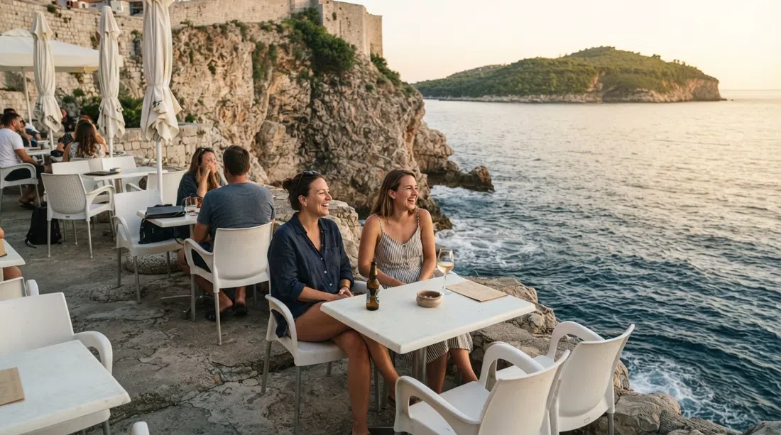 Cafe Buža en la muralla sur, mesas de plástico sobre el Adriático con la isla de Lokrum visible al otro lado del agua a la hora dorada