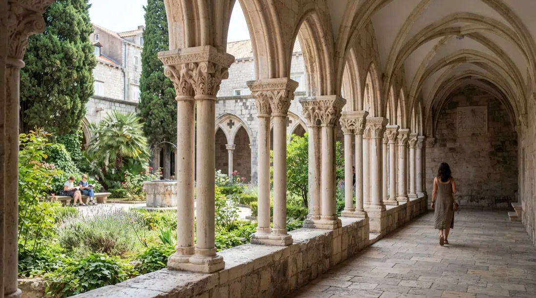 el claustro gótico del Monasterio Franciscano y la Antigua Farmacia, arcos de piedra pálida y un patio tranquilo a la sombra suave del mediodía