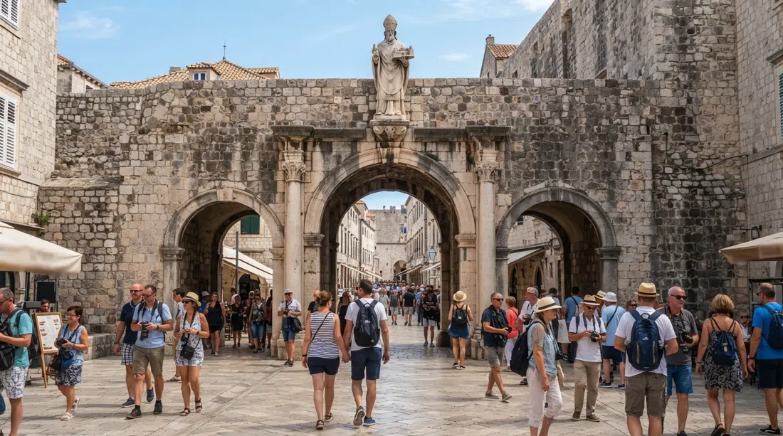 Puerta de Pile en la entrada occidental de Dubrovnik, el doble arco y la estatua de San Blas enmarcados por la bulliciosa plaza a la luz del día