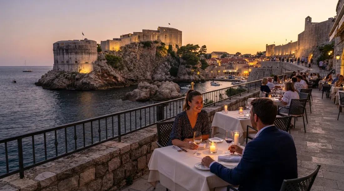 Terraza de Nautika frente al mar al atardecer, mesas de alta cocina mirando directamente a la fortaleza iluminada de Lovrijenac y el bastión Bokar
