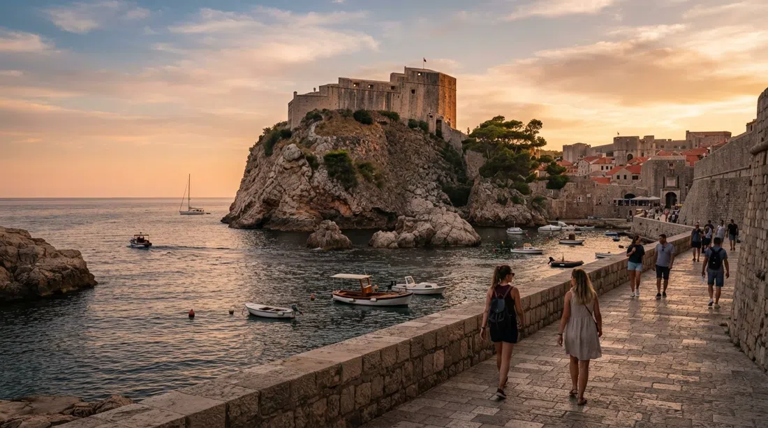 Atardecer sobre Lovrijenac desde el lado de Pile, luz dorada incidiendo en las murallas de la fortaleza y el mar más allá