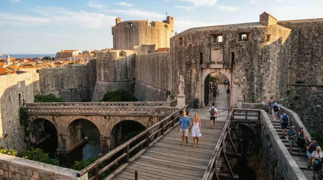 el acceso a la Puerta de Ploče en Dubrovnik, con el puente levadizo de madera, el puente de piedra de doble arco y la Fortaleza Revelin con luz de atardecer