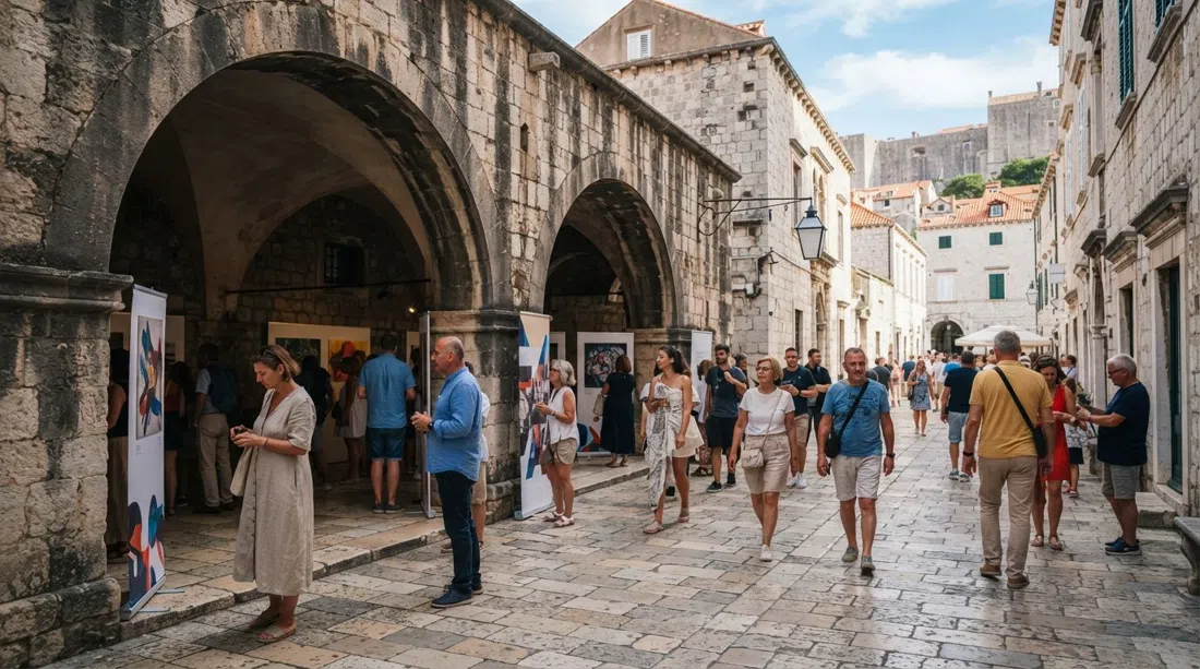 los patios de piedra de Lazareti en Dubrovnik, con actividad expositiva y un evento cultural veraniego bajo los arcos