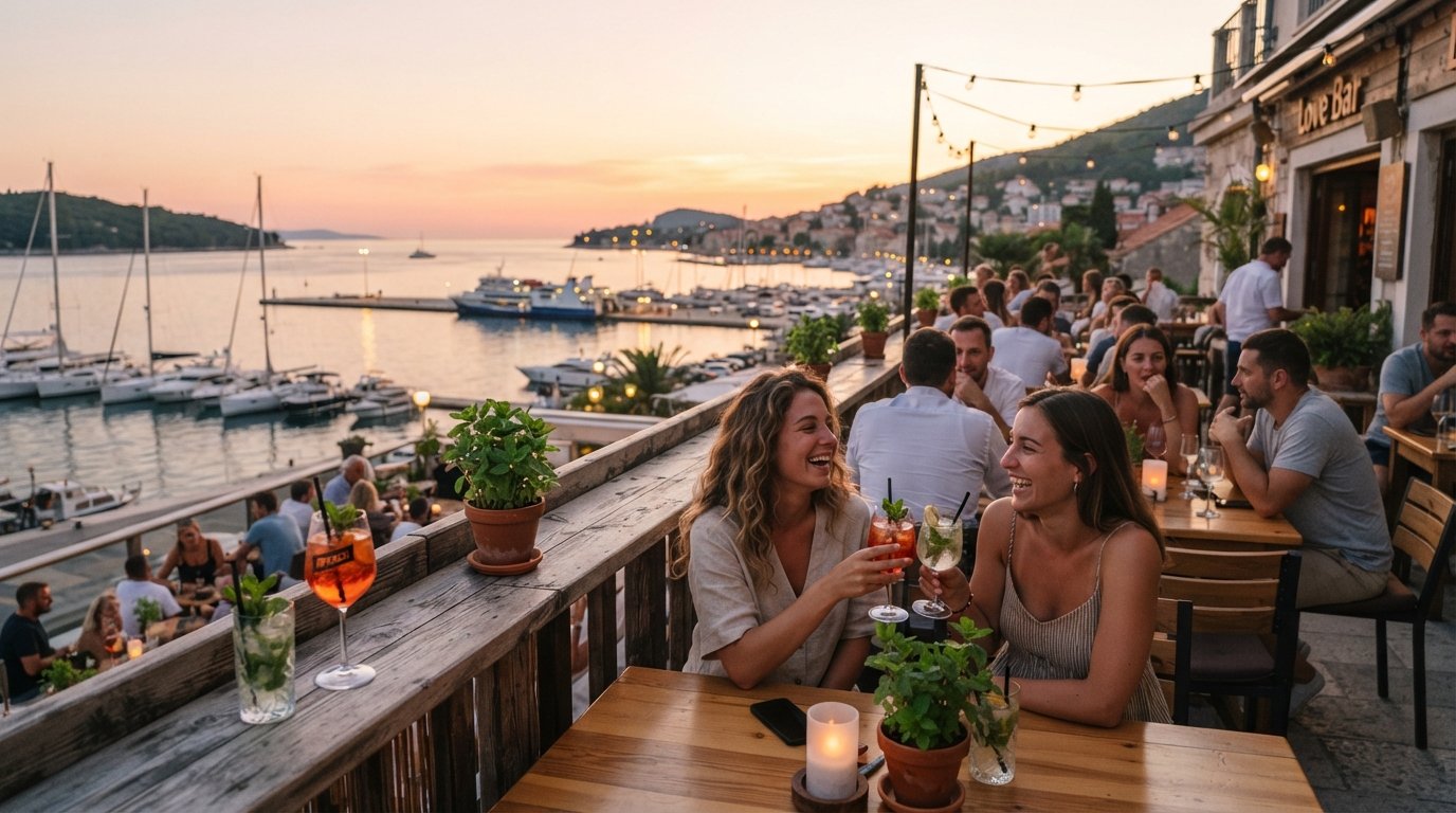 Love Bar’s terrace at sunset, mint pots around the tables, cocktails on the rail and the harbour light turning gold over Gruž Bay