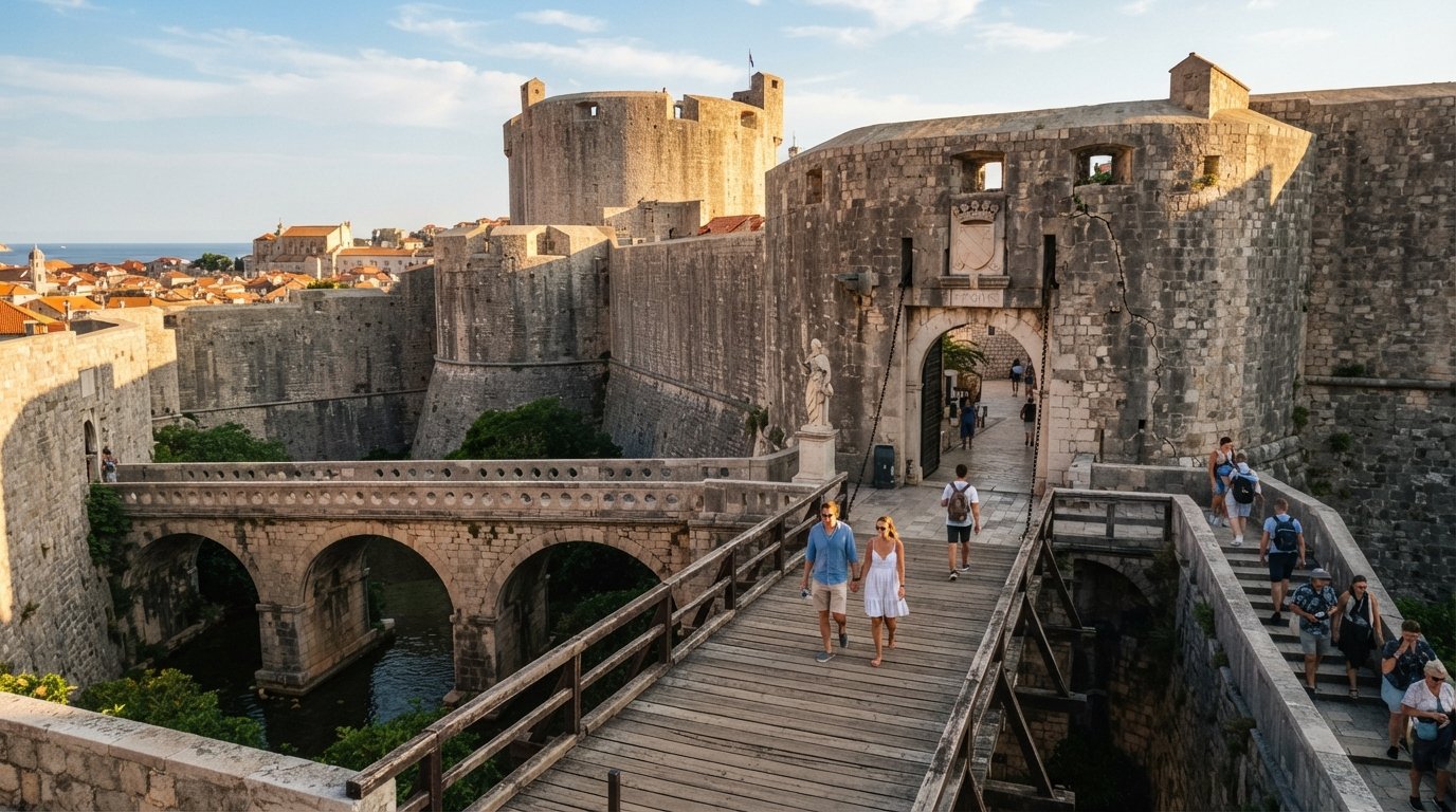 the Ploče Gate approach in Dubrovnik, with the wooden drawbridge, double-arched stone bridge, and Revelin Fortress in late-afternoon light