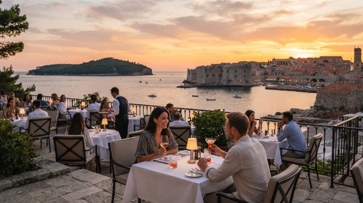 the Abakus Piano Bar terrace at Hotel Excelsior at sunset, sea-view tables with the walls and Lokrum beyond