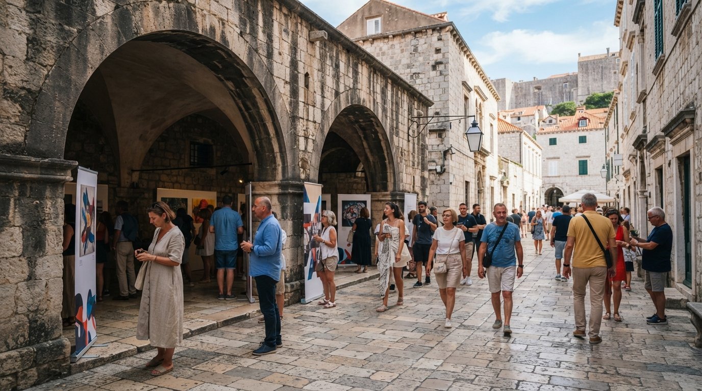 the stone courtyards of Lazareti in Dubrovnik, with exhibition activity and a summer cultural event in the arches